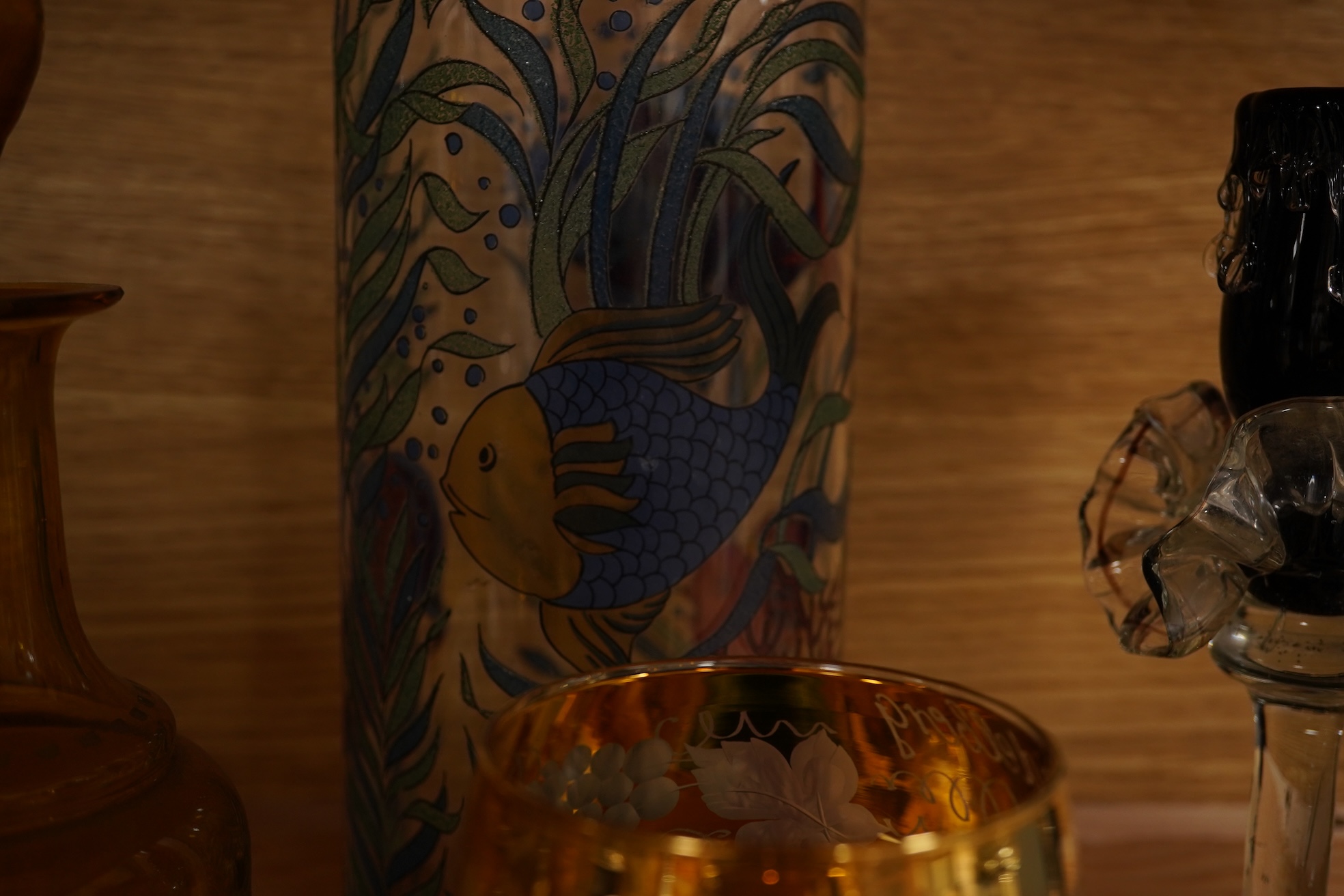 A quantity of 20th century coloured and clear glassware together with a mid 18th century Silesian stem glass tazza, largest 33cm in diameter